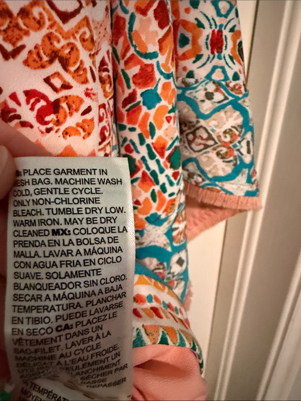 Chico's Peach and Teal Tile-Print Zip Front Cropped Jacket Blouse - Picture 4 of 11